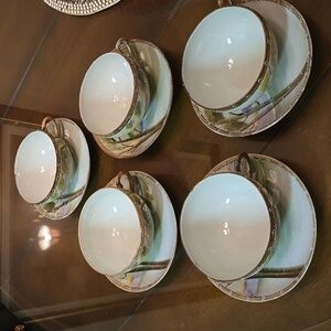 Rare Antique Hand Painted Nippon White Swan Duck Scene 5 Tea Cups & Saucers